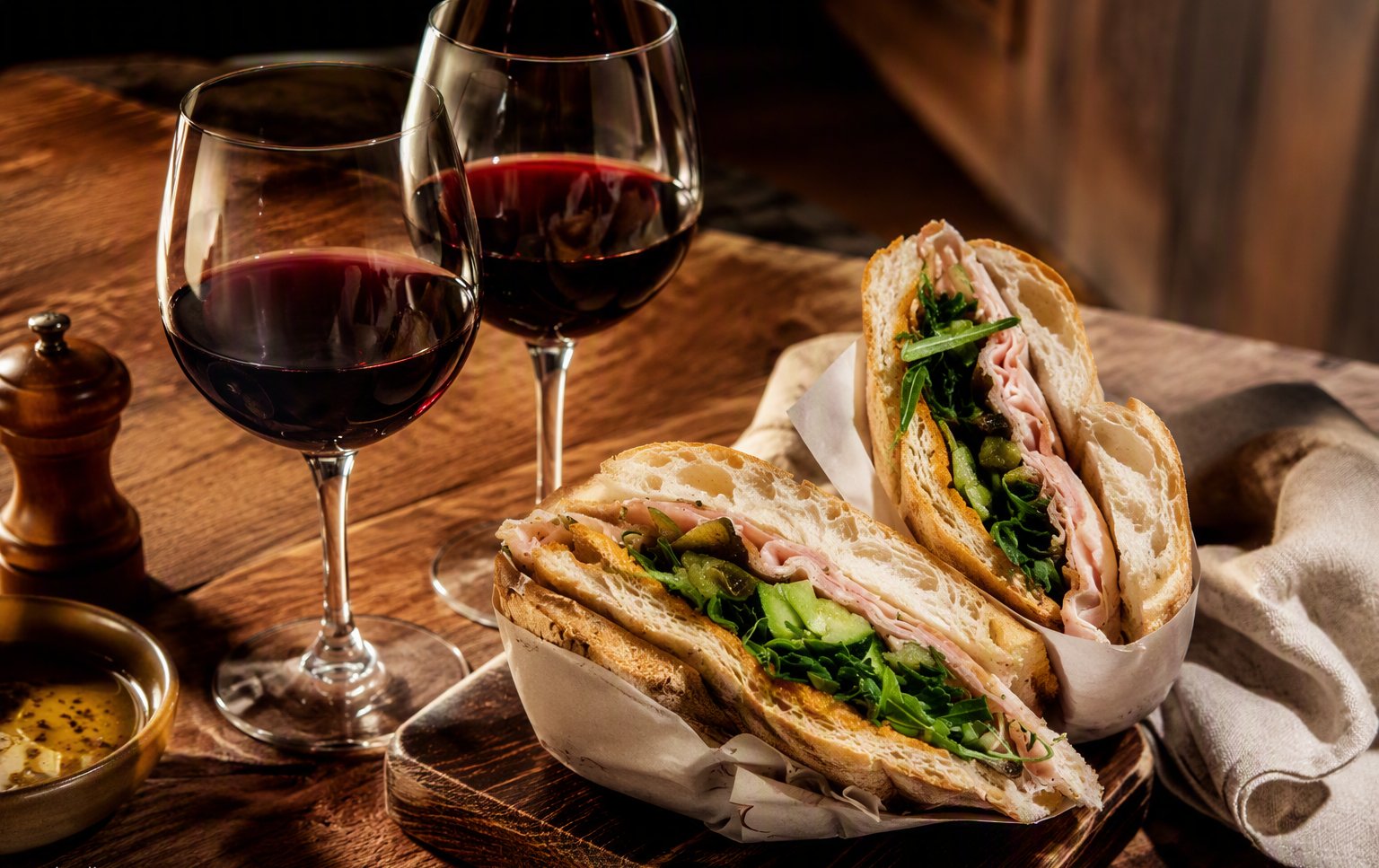 Panino Purgatorio con porchetta e rucola, con un bicchiere di Chianti
